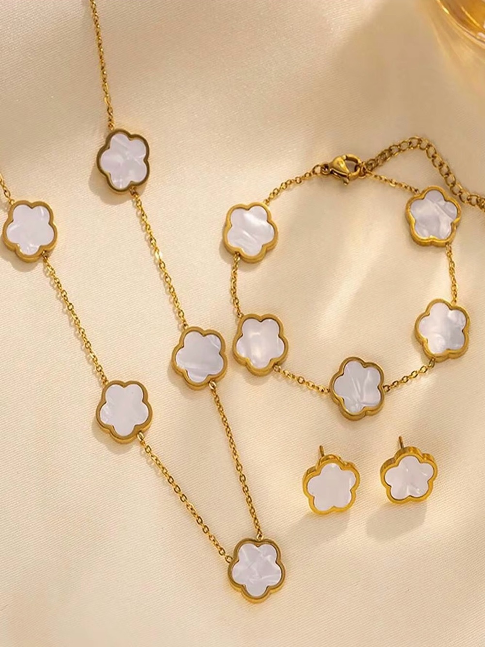 Gold & White Clover Flower Necklace, Bracelet & Earring Set